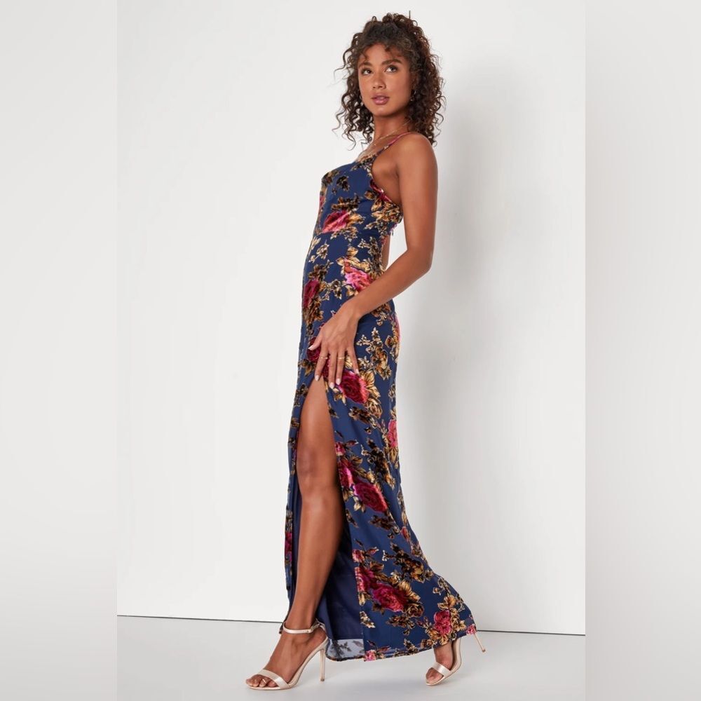 Lulus Chic Romantic Navy Blue Burnout Velvet Floral Cowl Neck Dress - Picture 4 of 7